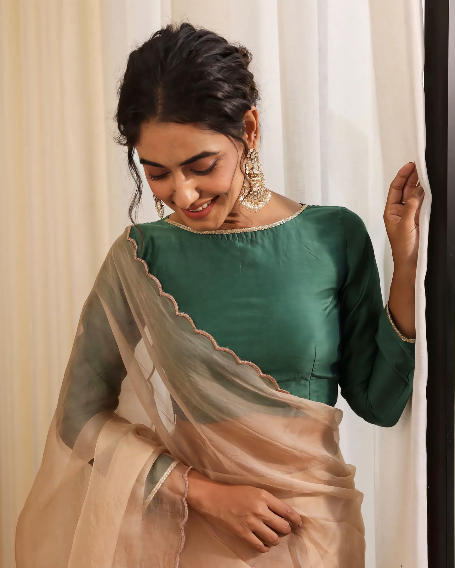 Bottle Green Long Sleeve Princess Cut Blouse with Boat Neck