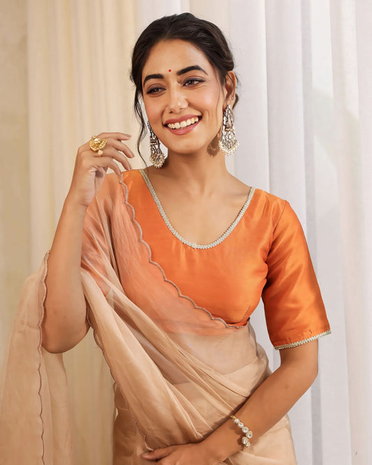 Burnt Orange Silk-Look Princess Cut Blouse with Scoop Neck & Elbow Sleeves