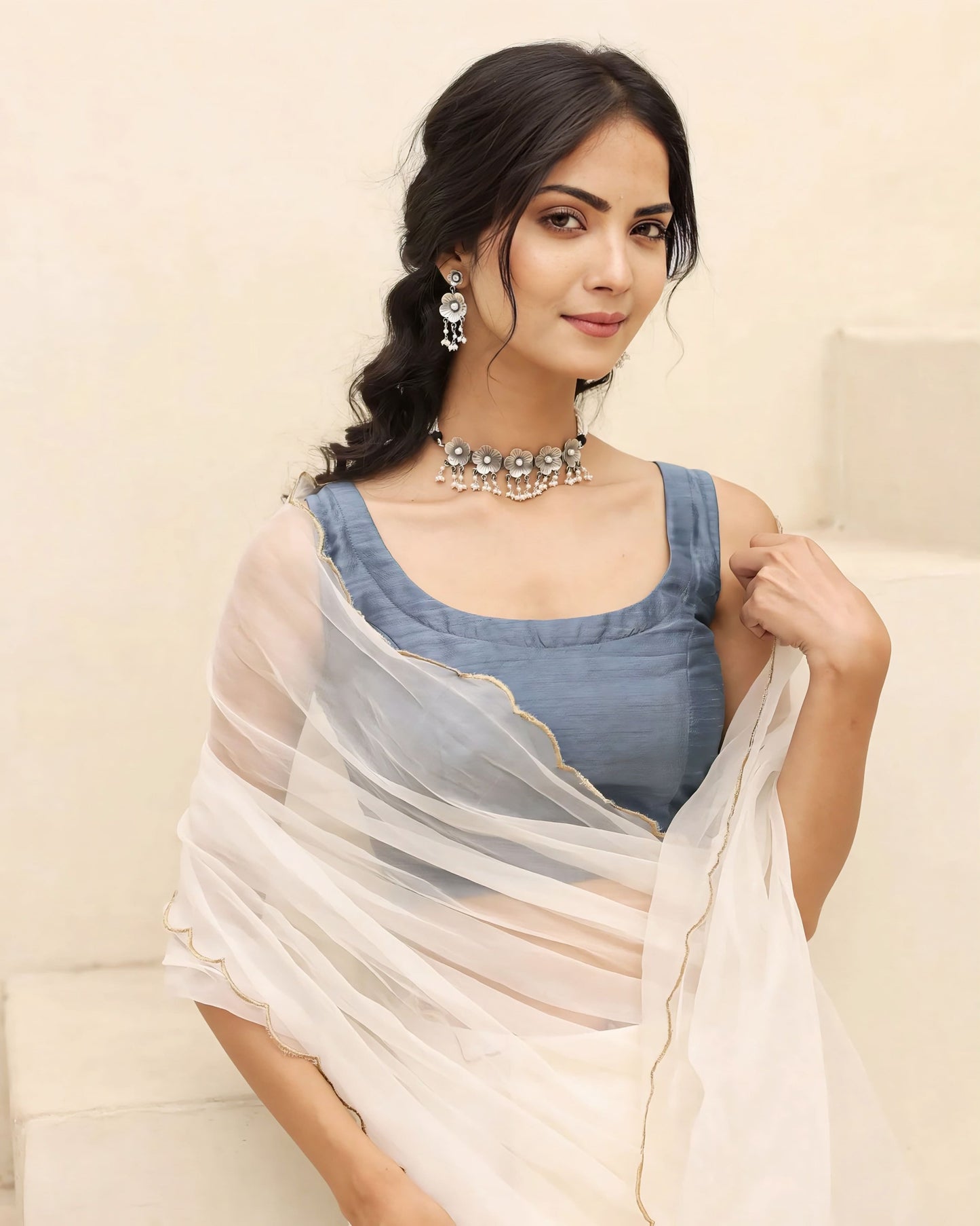 Steel Blue Princess Cut Sleeveless Blouse with Square Scoop Neck