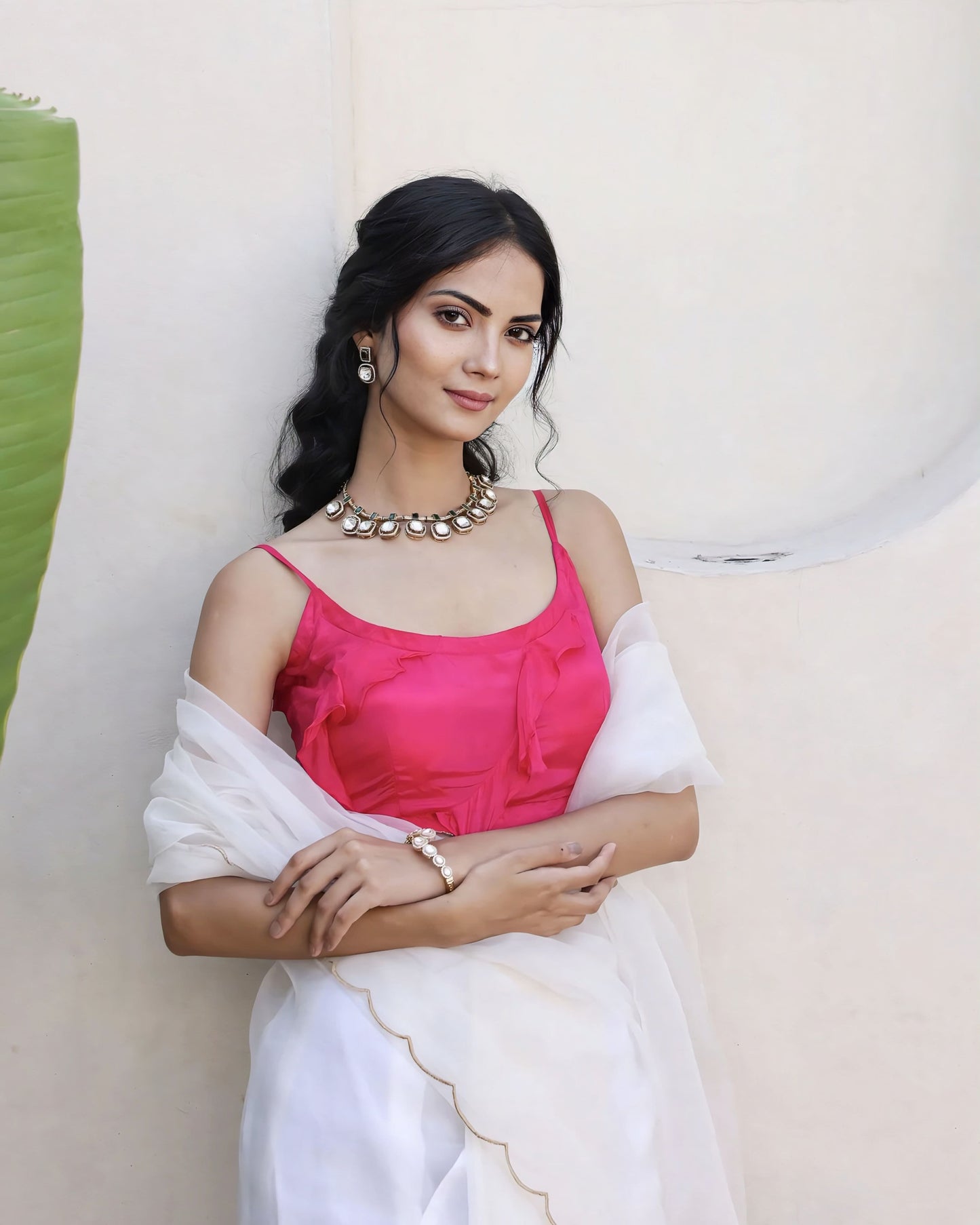 Fuchsia Pink Princess Cut Spaghetti Strap Blouse with Scoop Neck