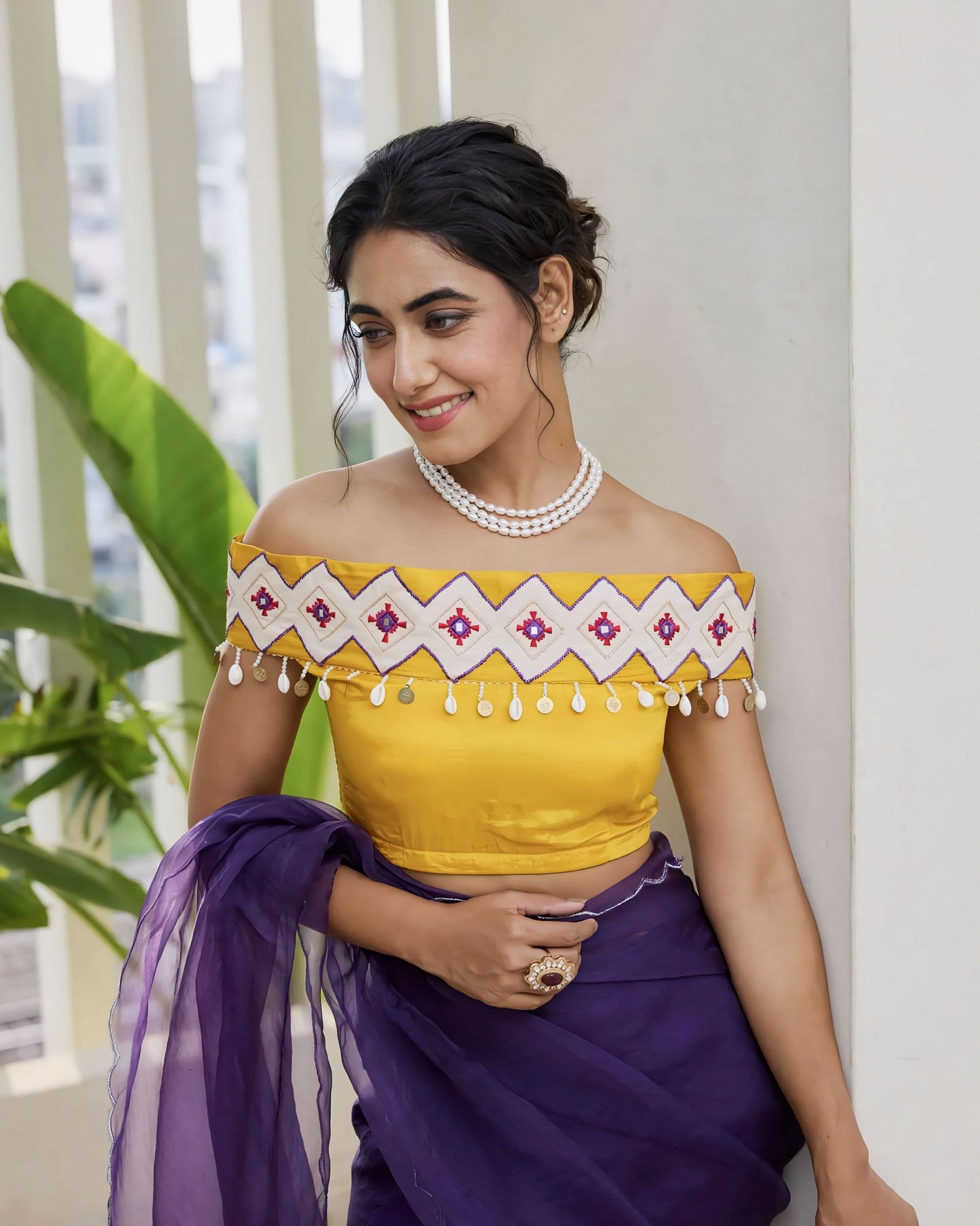 Mustard Yellow Princess Cut Off-Shoulder Blouse with Embroidered Neck Band