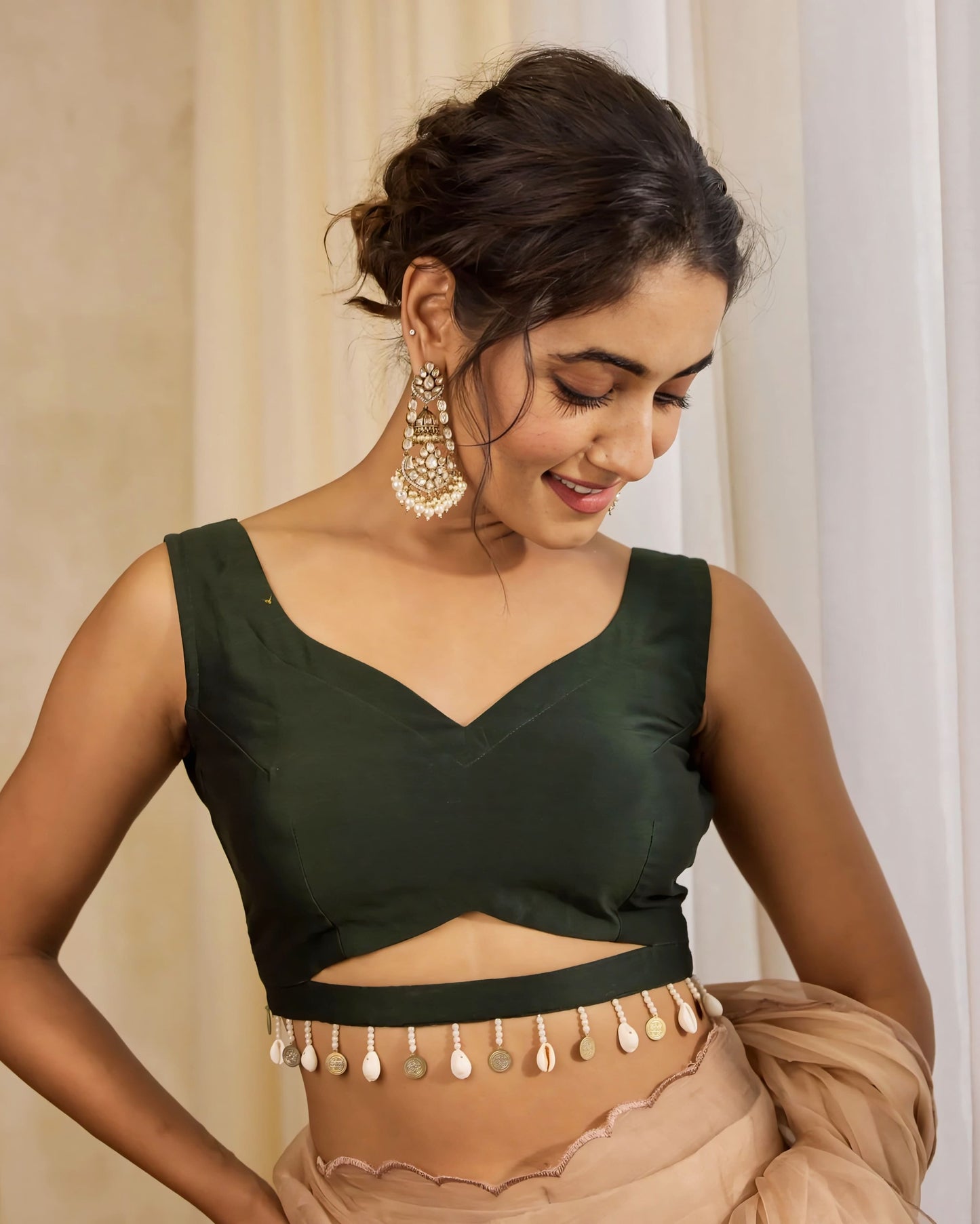 Dark Green V-Neck Cutout Blouse with Pearl & Coin Tassel Hem