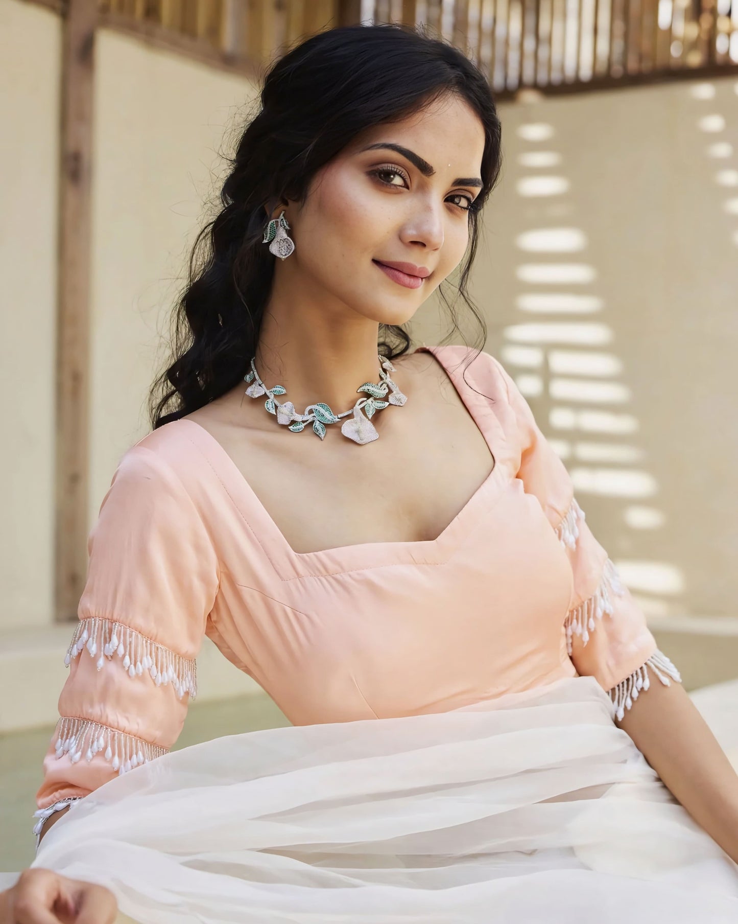 Peach Princess Cut Blouse with Fringe Sleeve Detailing