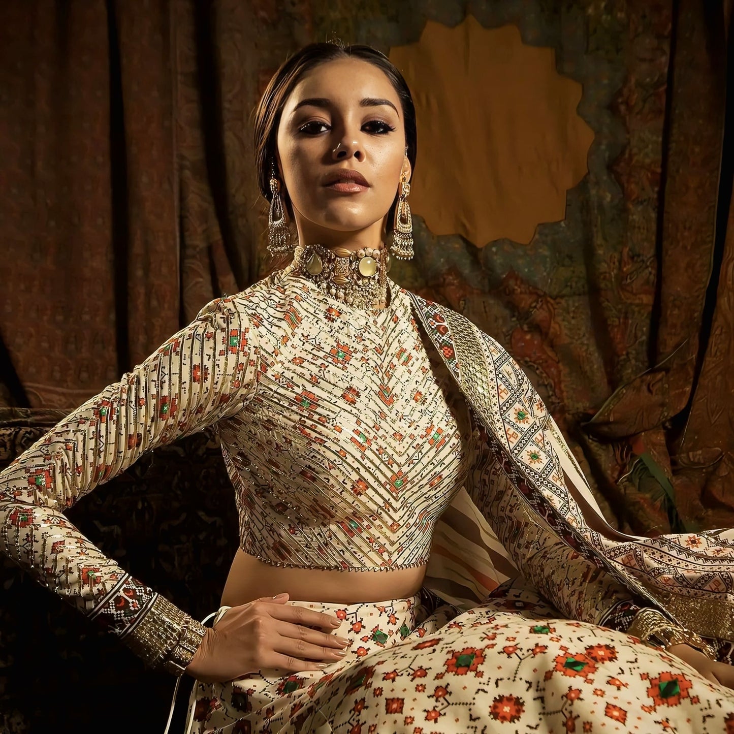 Ivory high neck chevron printed designer blouse with full sleeves for lehenga