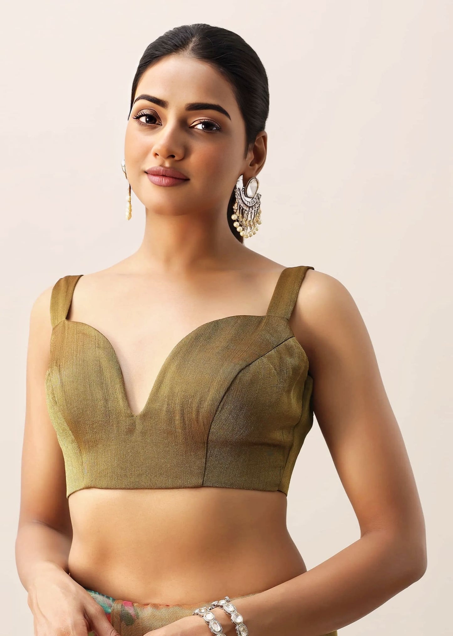 Olive green princess cut blouse with sweetheart neckline and broad shoulder straps