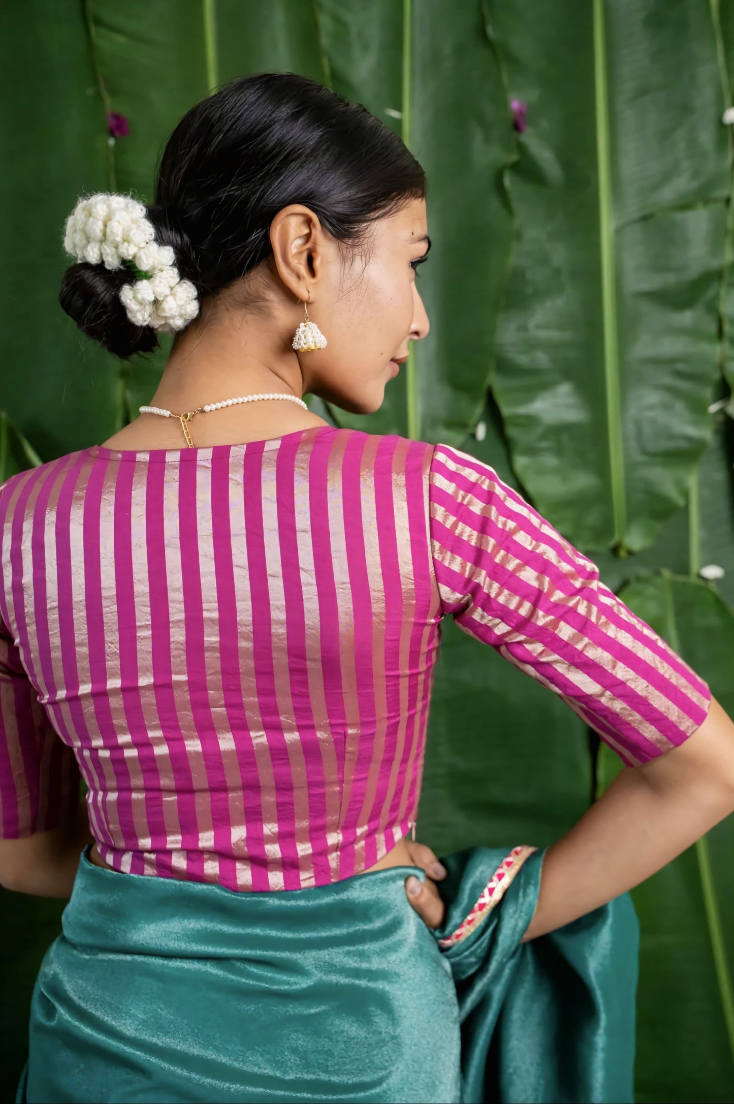 Fancy Blouse Design in Pink & Gold Vertical Stripes with V-Neck and Elbow Sleeves