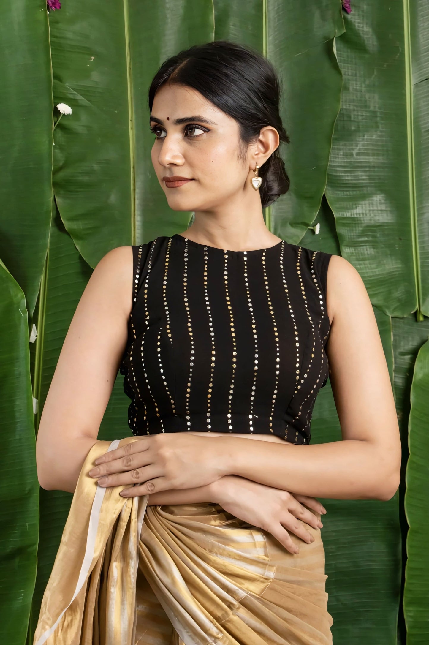 Black Fancy Blouse Design with Gold Dotted Stripes – Sleeveless High Neck Saree Blouse