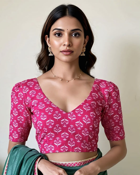 Pink Printed Fancy Blouse Design – Stylish V Neck Party Wear Saree Blouse