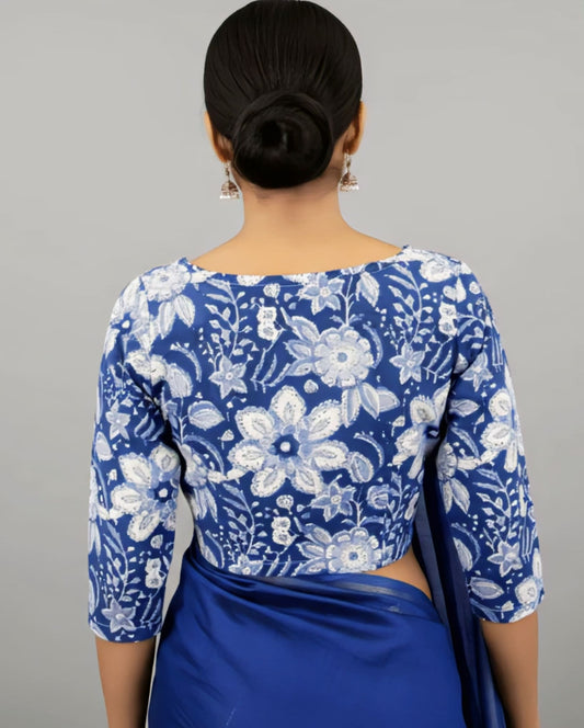 Indigo Floral Fancy Blouse Design – 3/4 Sleeve Cotton Saree Blouse for Festive Wear