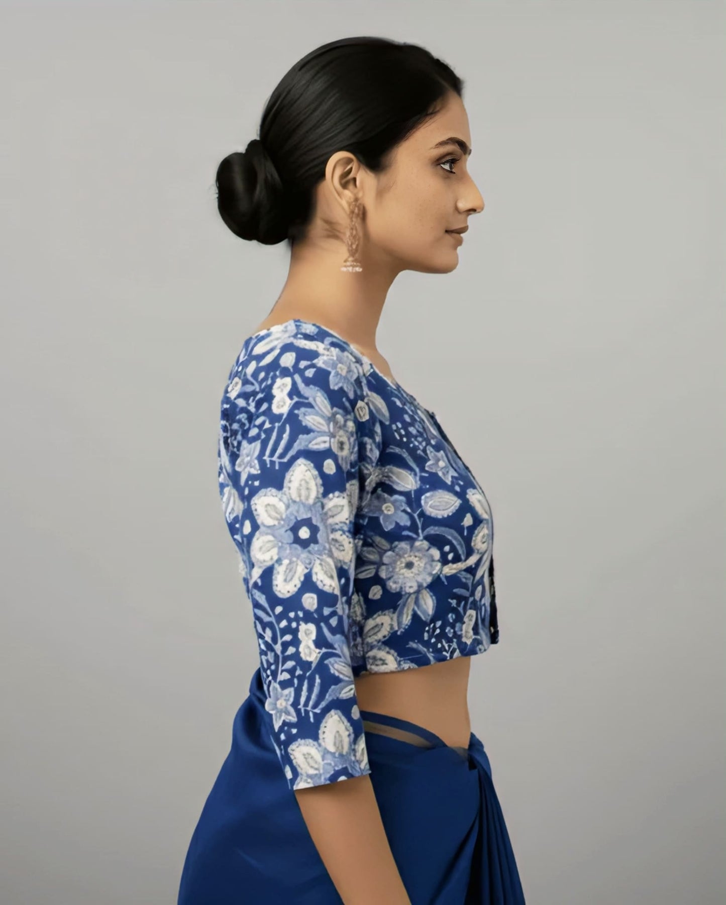 Indigo Floral Fancy Blouse Design – 3/4 Sleeve Cotton Saree Blouse for Festive Wear