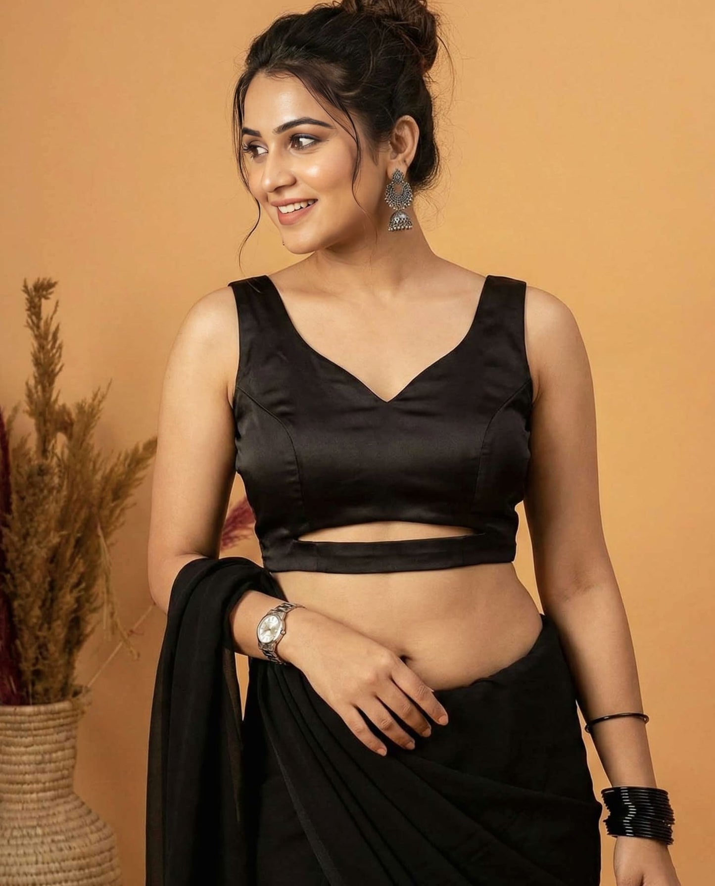 Black Satin Fancy Blouse Design – Sleeveless V Neck Party Wear Saree Blouse
