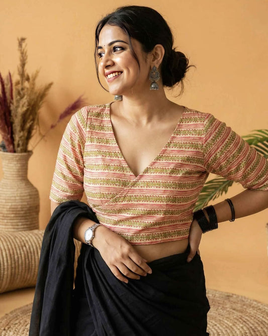 Peach Angrakha Style Blouse – Printed Wrap Saree Blouse Design