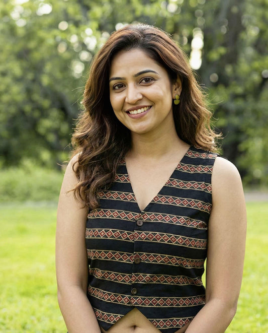 Black Printed Fancy Blouse Design with Front Buttons – Sleeveless V-Neck Saree Blouse