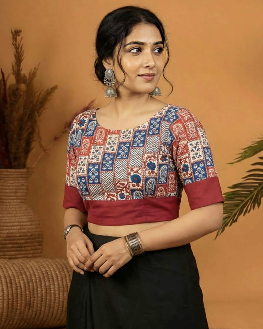 Multicolor Designer Printed Blouse with Red Border