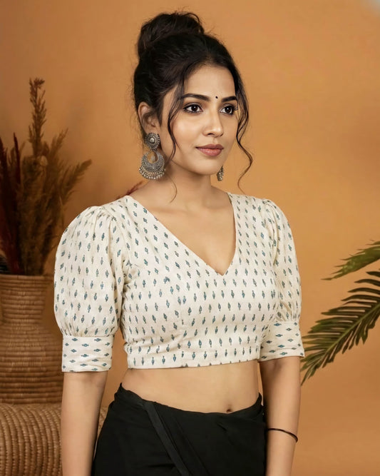 Elegant V Neck Printed Blouse with Puff Sleeves