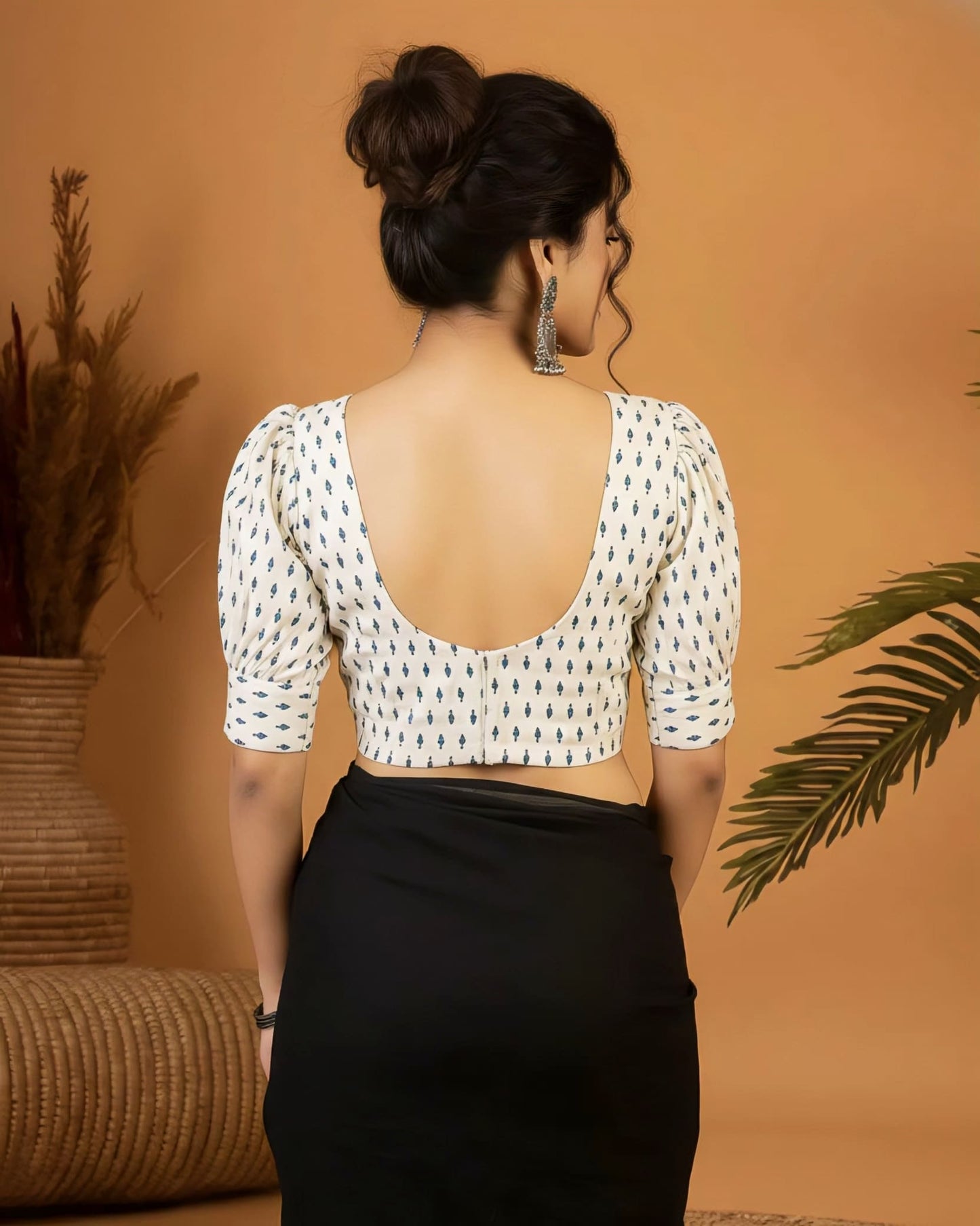 Elegant V Neck Printed Blouse with Puff Sleeves