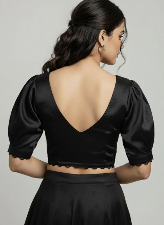 Elegant Black V Neck Blouse with Puff Sleeves & Lace Trim