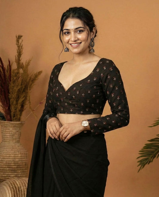 Elegant Black Sweetheart Neck Blouse with Floral Print