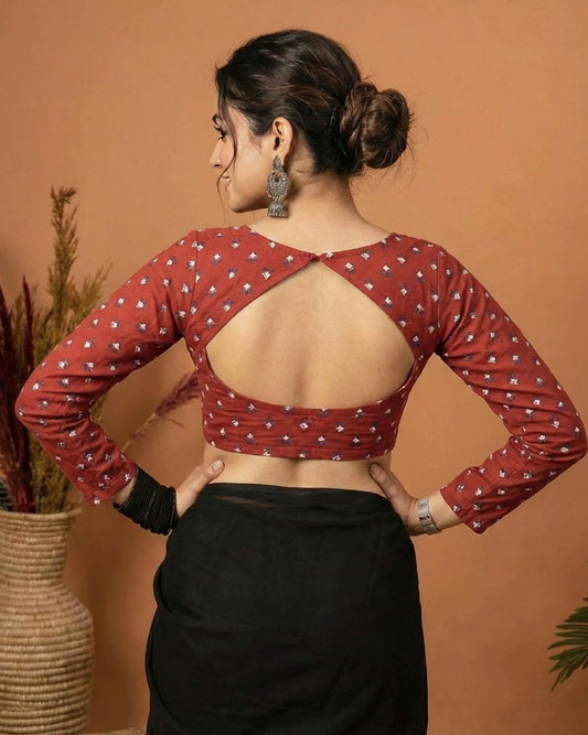 Maroon Printed Fancy Blouse Design with Sweetheart Neck – Full Sleeve Saree Blouse