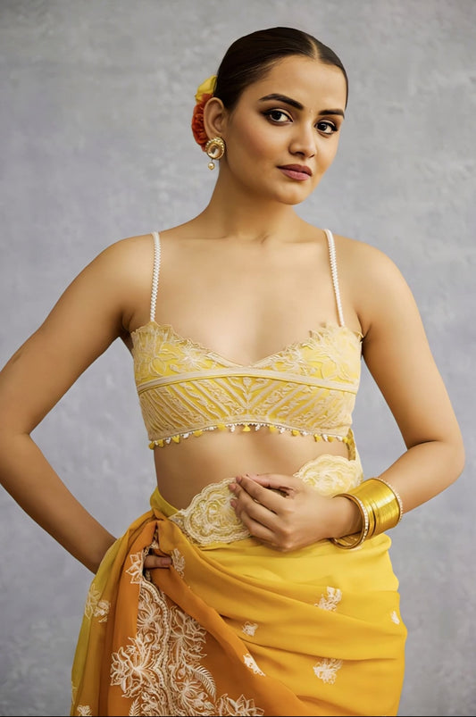 Elegant Yellow Embroidered Saree Blouse with Delicate Strap Design
