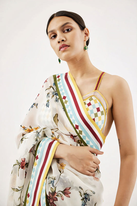 Chic Multicolor Printed Saree Blouse with Geometric Pattern