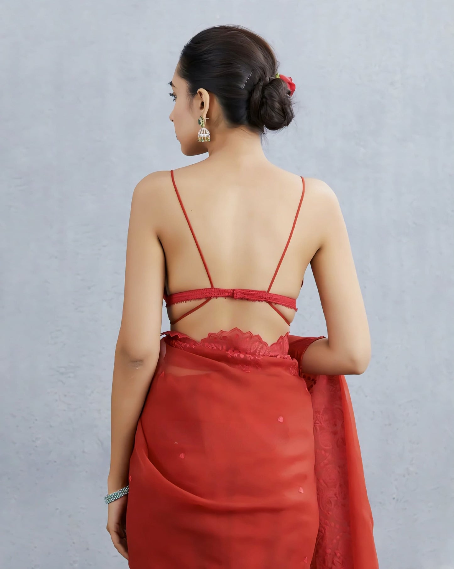 Red Deep V Neck Fancy Blouse Design – Designer Strappy Saree Blouse for Party Wear