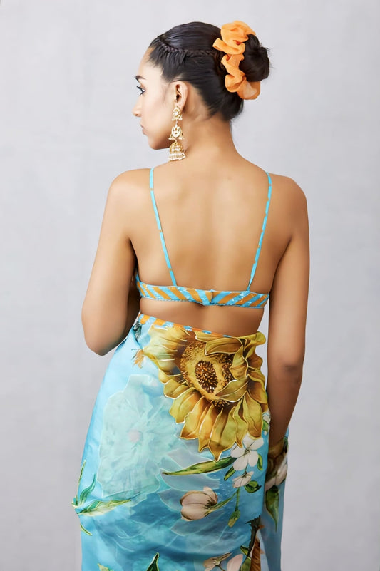 Blue & Orange Striped Designer Fancy Blouse Design – Deep V Neck Saree Blouse