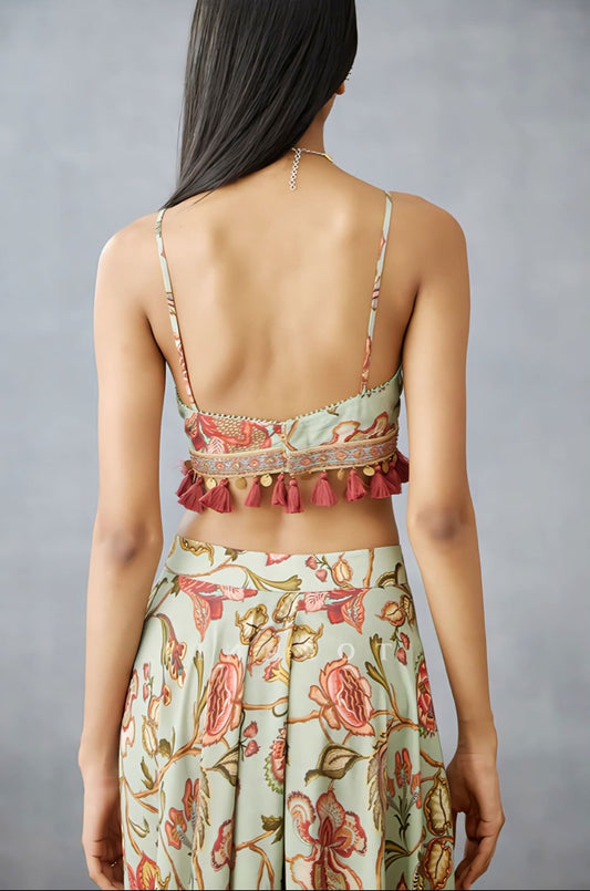 Floral Printed Fancy Blouse Design with Tassels – Stylish Spaghetti Strap Designer Blouse