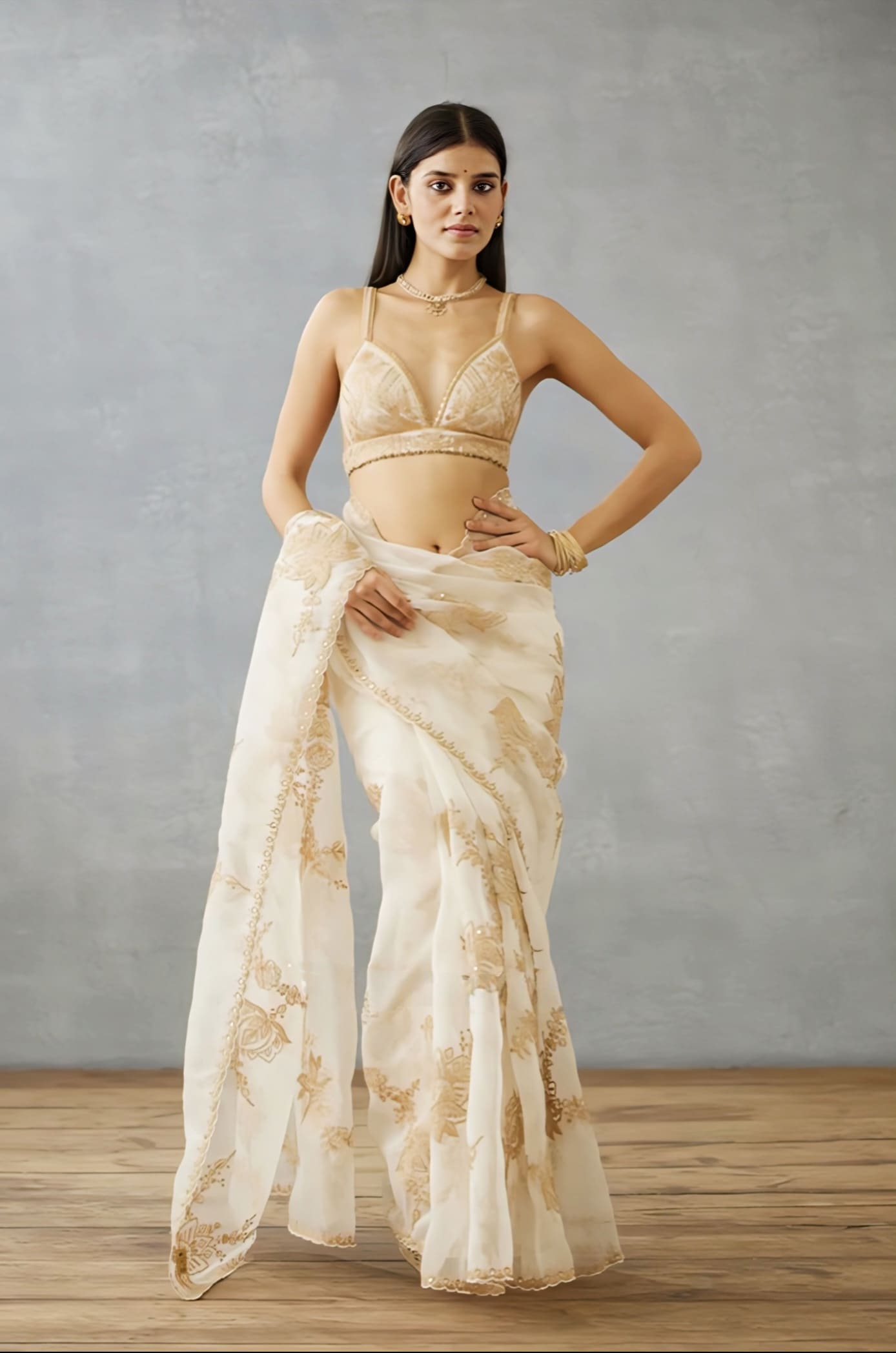 Golden Embroidered Fancy Blouse Design – Deep Neck Bridal Designer Blouse for Wedding Wear