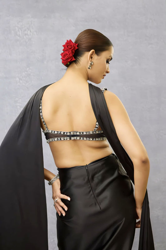 Black Designer Embroidered Blouse with Choker Neck – Heavy Party Wear Statement Blouse Design