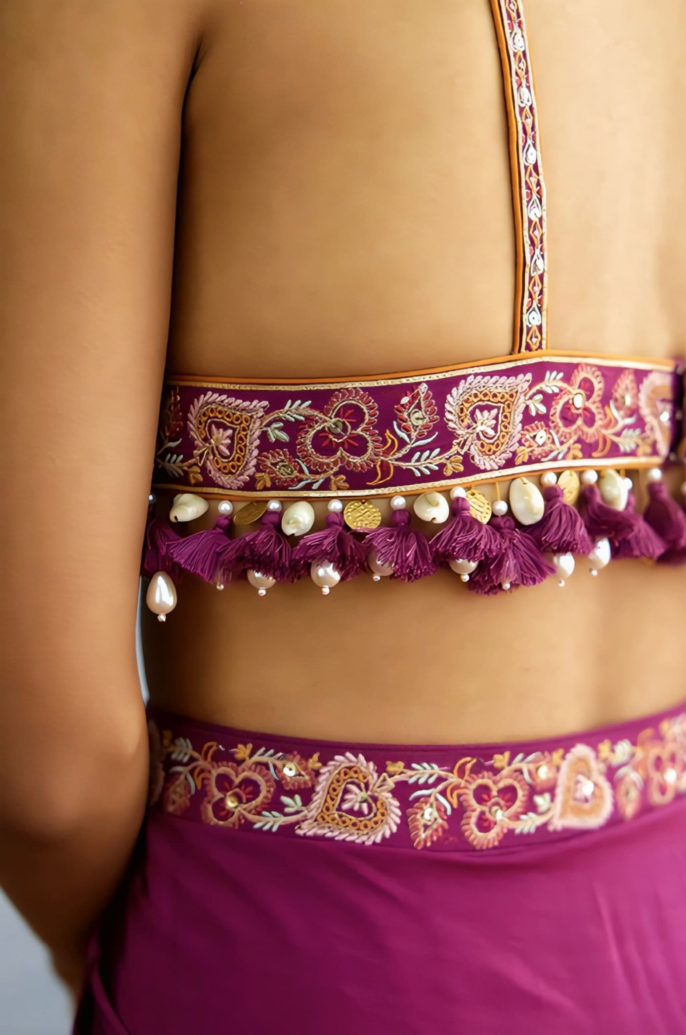 Rani Pink Heavy Embroidered Blouse with Tassels – Bridal Designer Deep Neck Blouse