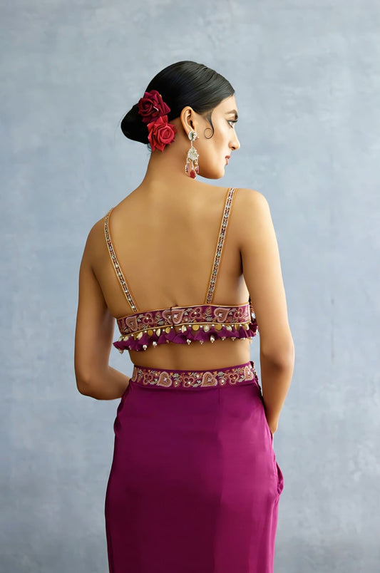 Rani Pink Heavy Embroidered Blouse with Tassels – Bridal Designer Deep Neck Blouse