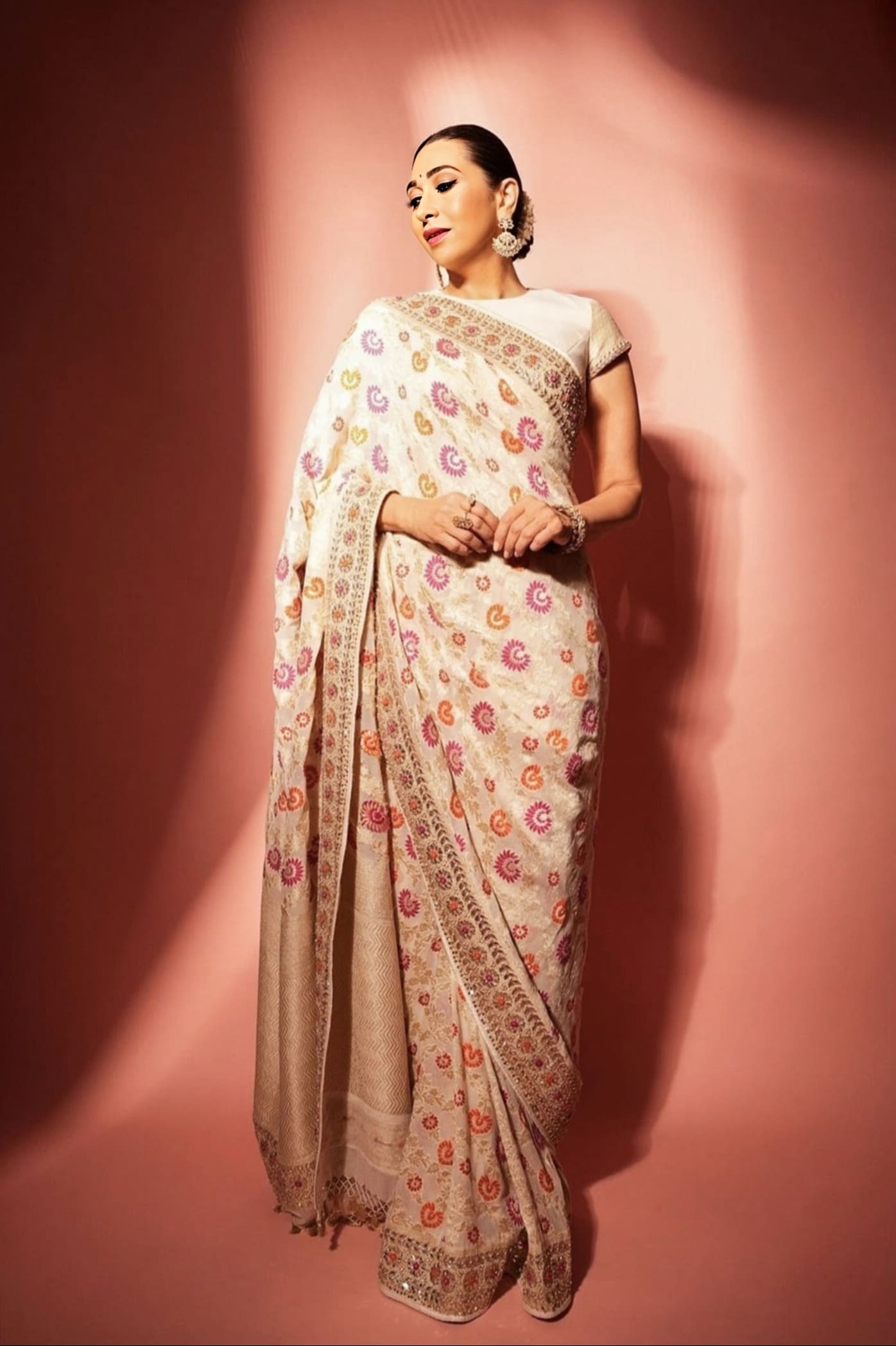 Karisma Kapoor Inspired Cream Silk Banarasi Saree Set | Gota Patti & Pearl Embroidered Designer Saree