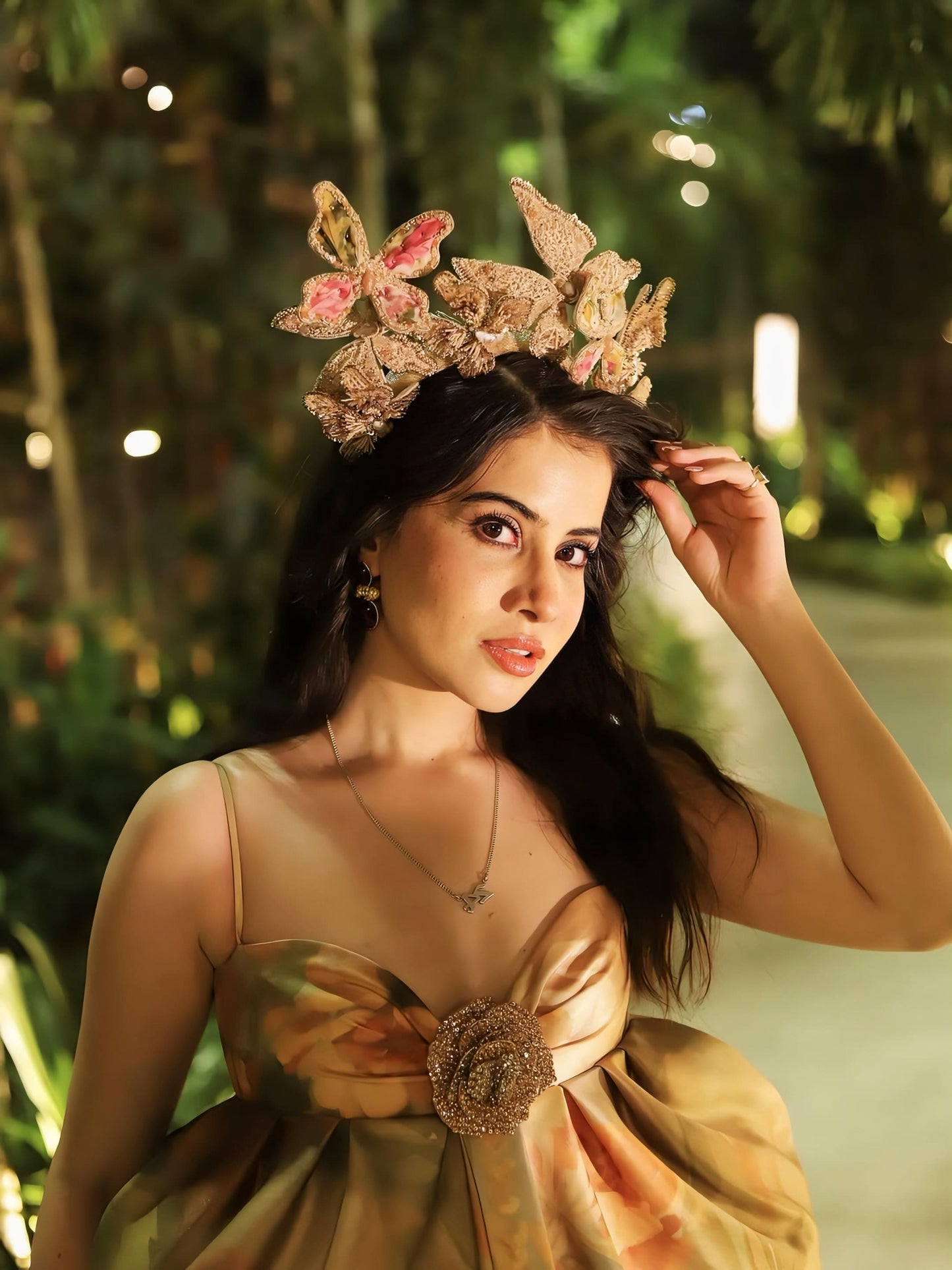Urfi Javed Inspired Floral Draped Gown with Statement Headpiece | Designer Couture Outfit for Women