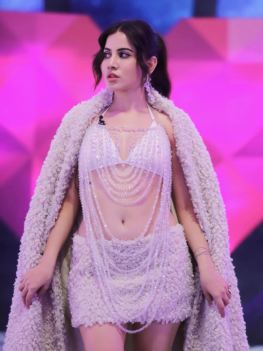 Urfi Javed in Pearl Embellished Sheer Mini Dress with Statement Fur Coat – Glamorous Runway Look