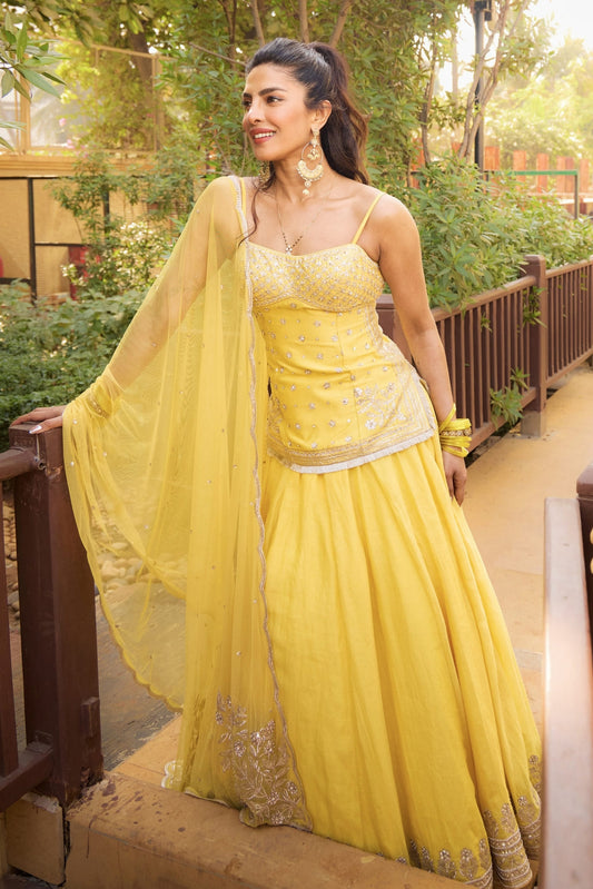 Priyanka Chopra Inspired Yellow Embroidered Lehenga Set | Abha Gota Patti Designer Wedding Outfit