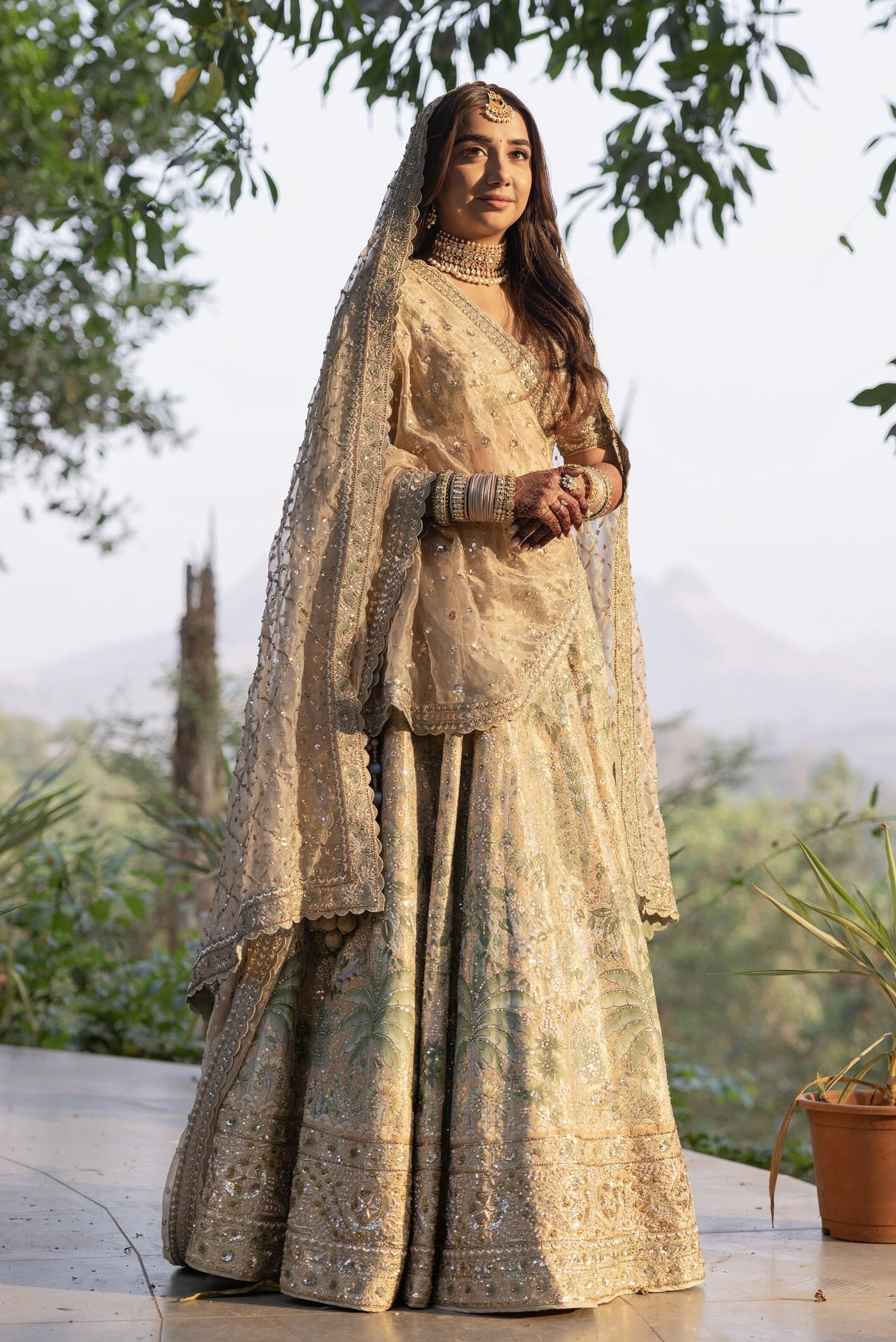Prajakta Koli Inspired Gold Hand-Painted Pichhwai Lehenga Set | Parijat Designer Silk Bridal Outfit