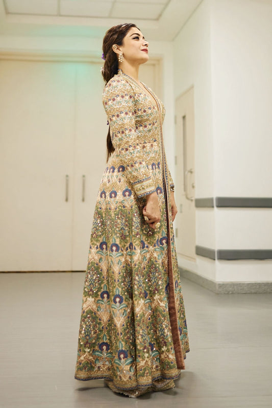 Rashmika Mandanna Inspired Blush Zardozi Embroidered Jacket Set | Krandasi Designer Palazzo Outfit