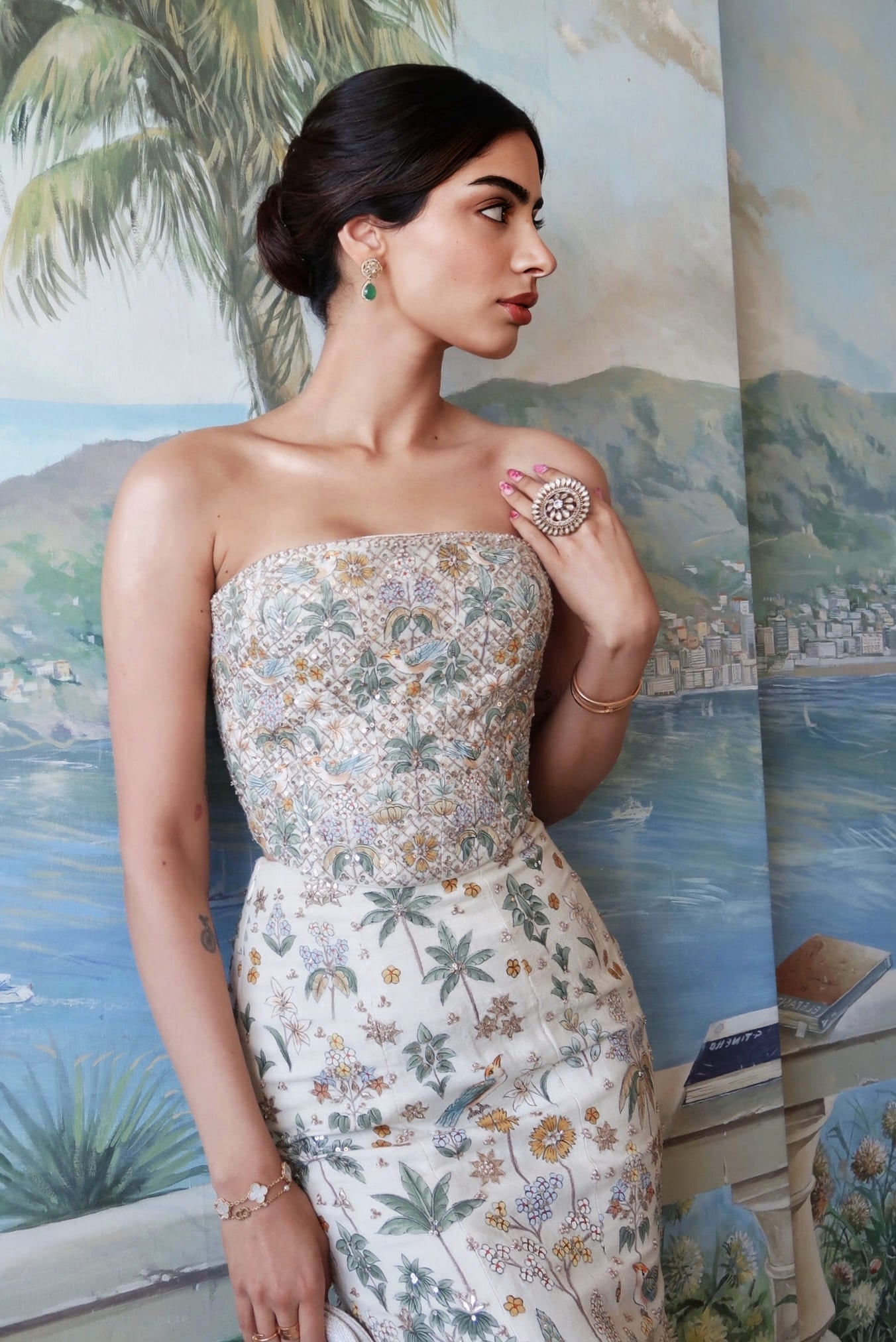 Khushi Kapoor Inspired Ivory Hand-Painted Pichhwai Silk Skirt Set | Urvara Designer Embroidered Outfit