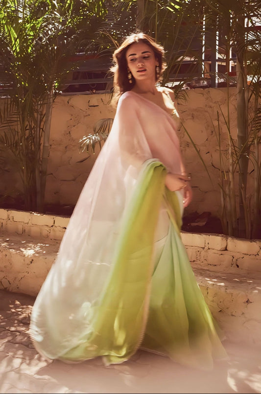 Radhika Madan Inspired Ombre Green Chiffon Saree Set | Prakriti Mishka Ziya Designer Outfit