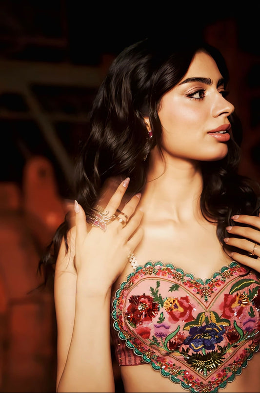 Khushi Kapoor Inspired Pink Silk Crepe Embroidered Lehenga Set | Dil Ruba Arsia Designer Outfit