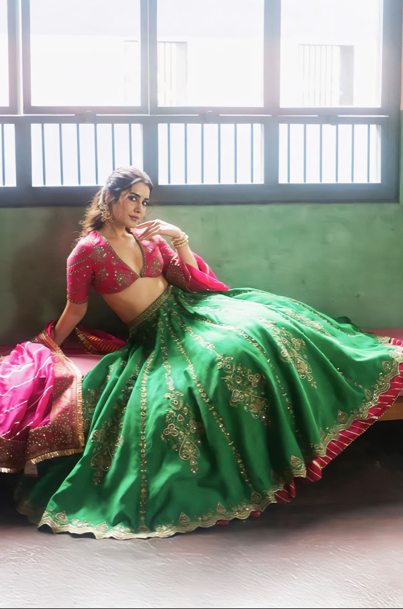 Raashi Khanna Inspired Pink Green Yellow Embroidered Silk Lehenga Set | Mayuri Gulkhaira Srisa Designer Outfit