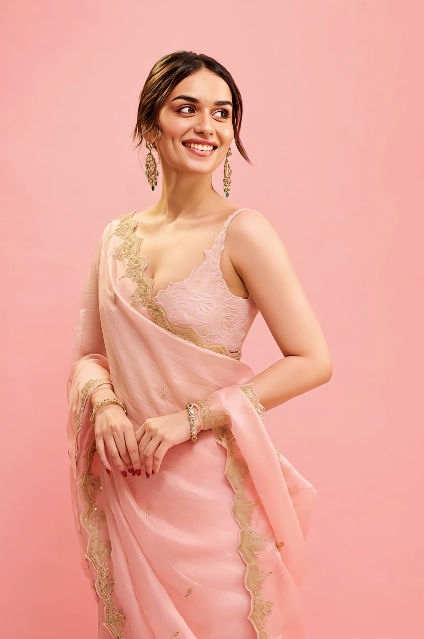 Manushi Chhillar Inspired Pink Silk Organza Embroidered Saree Set | Gulaban Nayantara Ziya Designer Outfit