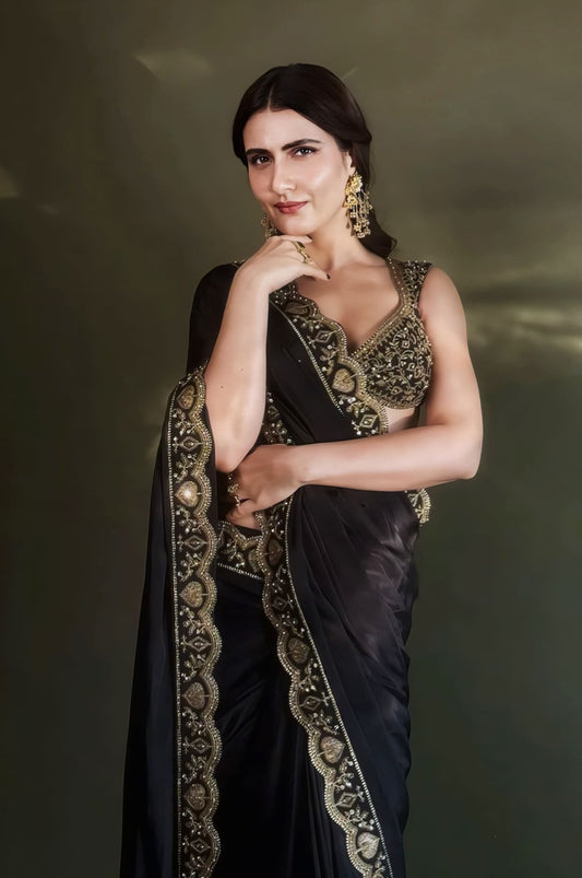 Fatima Sana Shaikh Inspired Black Embroidered Georgette Saree Set | Siyaahi Aparna Designer Outfit
