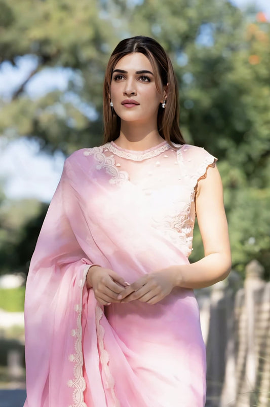 Kriti Sanon Inspired Pink Embroidered Georgette Saree Set | Gulaban Ila Damini Designer Bralette Saree