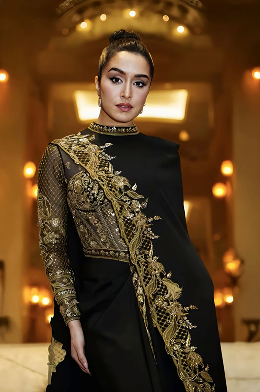 Shraddha Kapoor Inspired Black Embroidered Corset Dress with Cape | Siyaahi Aadhira Designer Couture Set