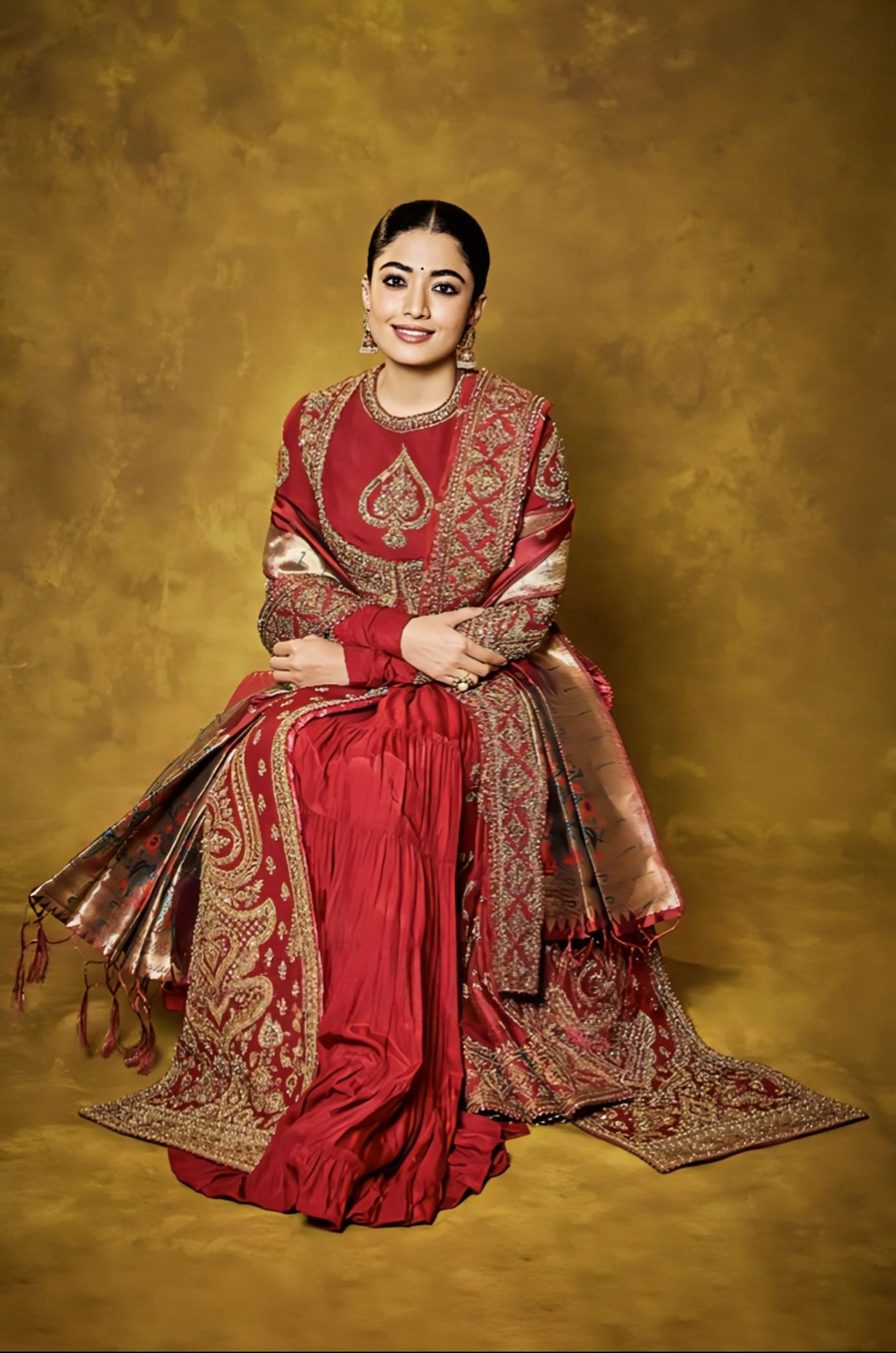 Rashmika Mandanna Inspired Red Embroidered Silk Jacket Set