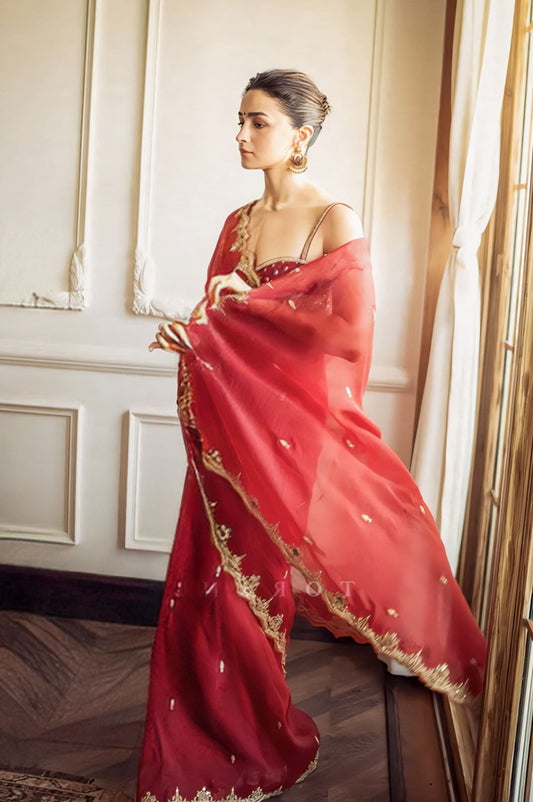 Alia Bhatt Inspired Red Silk Organza Embroidered Saree Set | Sindoori Nayantara Ambika Designer Outfit