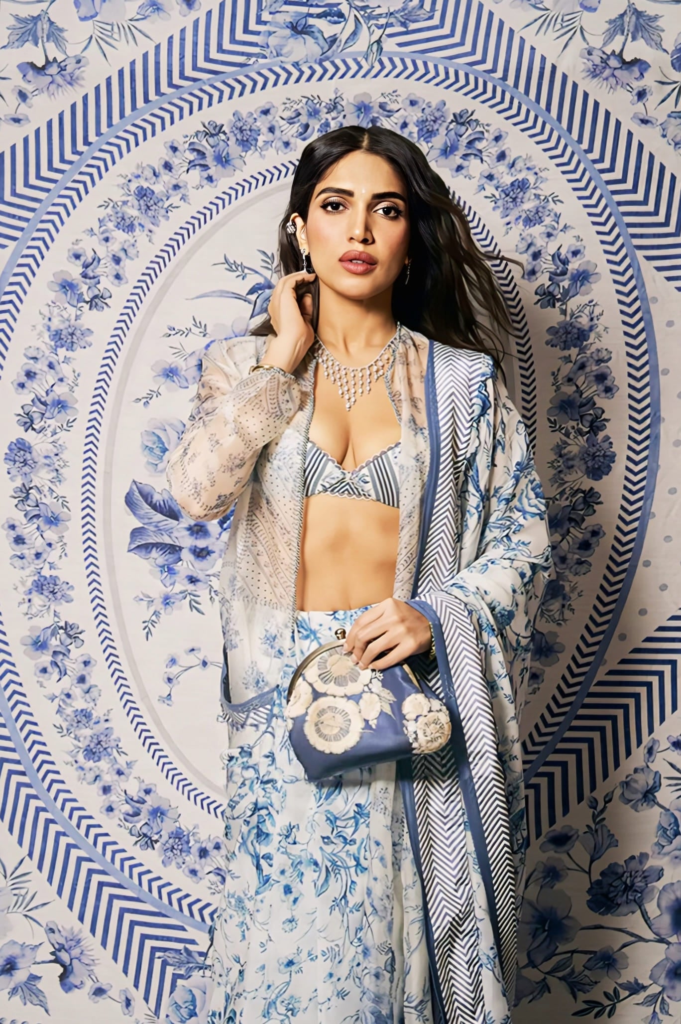 Bhumi Pednekar Inspired Blue & White Chanderi Saree Set with Organza Jacket | Neeli Gauraiya Shikha Designer Outfit