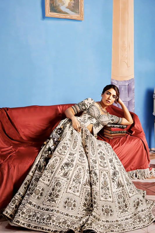Bhumi Pednekar Inspired Black & Ivory Kalamkari Print Silk Lehenga Set | Anushtha Designer Outfit